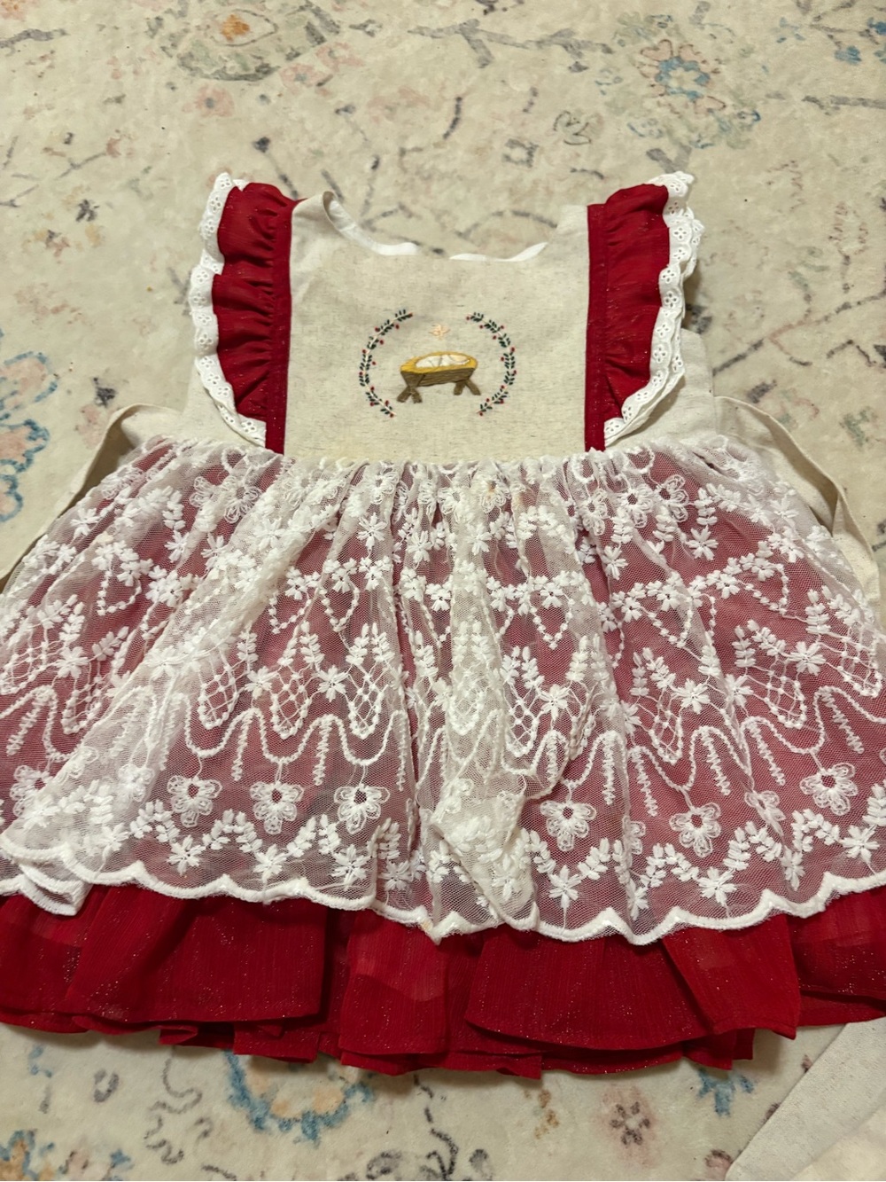 Smocked Sweets Red Lace Overlay Dress. Baby Jesus. Size 18/24 months. So sweet.